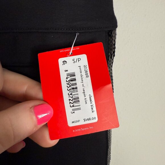 SPANX NWT $148‎ Women's Black Ponte Sequin Trim Pull On Skinny Pants S Small - Picture 7 of 8